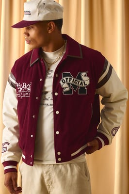 Regular Fit Cord Applique PU Sleeve Varsity Jacket