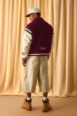 Regular Fit Cord Applique PU Sleeve Varsity Jacket