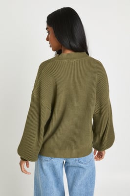 Balloon Sleeve Button Through Rib Cardigan