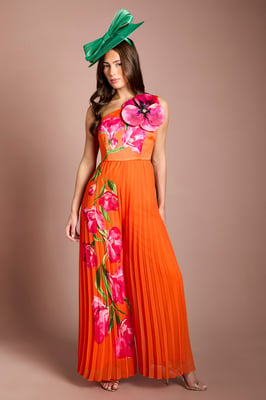 One Shoulder Corsage Orange Pleated Jumpsuit