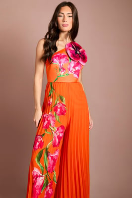One Shoulder Corsage Orange Pleated Jumpsuit