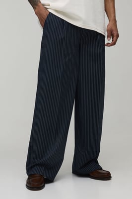 Baggy Fit Pinstripe Pleat Front Tailored Trousers