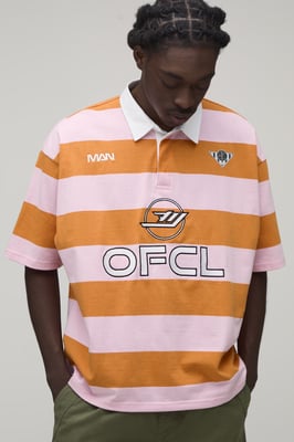 Oversized Boxy Man Sport Embroidered Stripe Rugby Polo