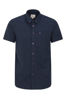 Coconut Slub Texture Men's Short Sleeve Shirt 100% Cotton Zip Chest Pocket Everyday Wear Top Navy