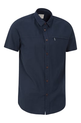 Coconut Slub Texture Men's Short Sleeve Shirt 100% Cotton Zip Chest Pocket Everyday Wear Top Navy