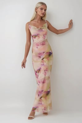 Tryckt Bodycon Maxi Tulle Klänning