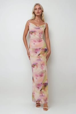 Tryckt Bodycon Maxi Tulle Klänning