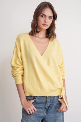 Geribde V-hals Strik-Voorkant Cardigan