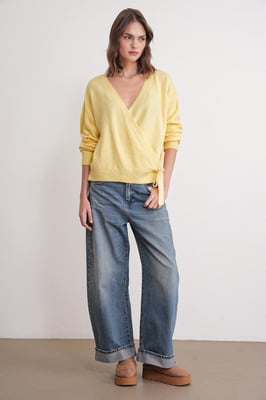 Geribde V-hals Strik-Voorkant Cardigan