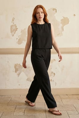 Linnenmix Blouse en Broek Set met Zak