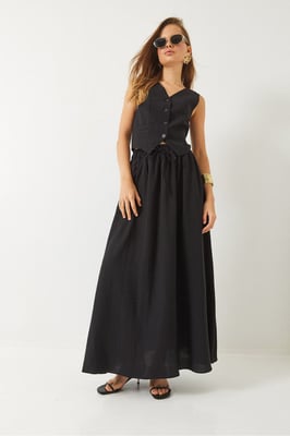 V-hals Vest en Maxi Rok Twee-Delige Set
