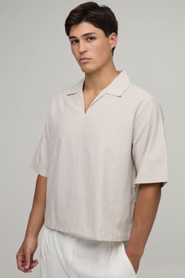 Oversized Boxy Poplin Stripe V-Neck Polo