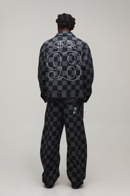 Barrel Fit Checkerboard Jacquard Denim Jeans