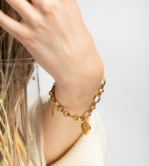 Gold Plated Stainless Steel Heart Charm Link Bracelet