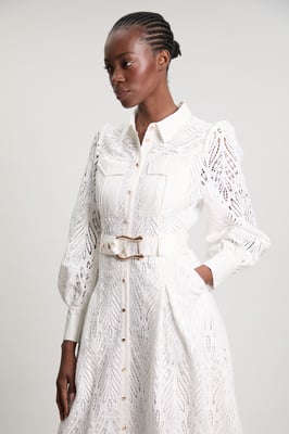 Cotton Cutwork Woven Shirt Midi Dress