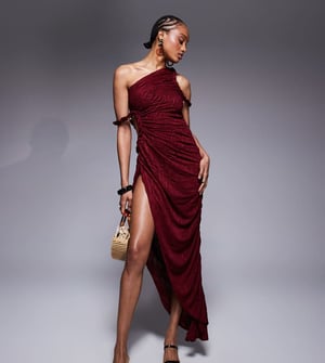 ASOS DESIGN Tall ruched asymmetric textured midi dress with twisted strapping details in dark cherry