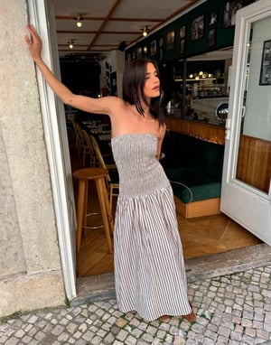 Labelrail x Barbara Ines shirred stripe midi dress in brown