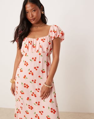 Nobody's Child Petite Raven puff sleeve midi dress in tomato print