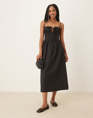 Glamorous poplin midi dress with tie bust in black