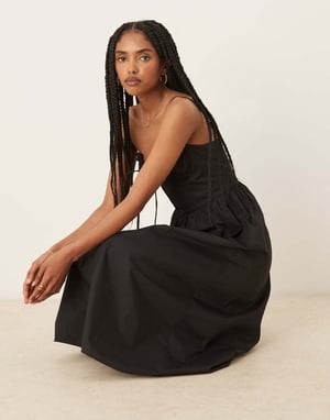 Glamorous poplin midi dress with tie bust in black