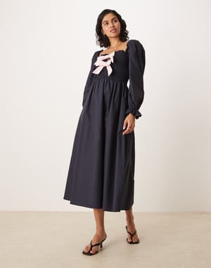 Glamorous puff sleeve midi dress with bow tie front in navy