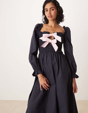 Glamorous puff sleeve midi dress with bow tie front in navy