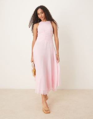 ASOS DESIGN racer neck ruched bodice dropped waist maxi dress in light pink