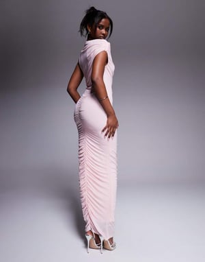 ASOS DESIGN mesh asymmetric neck off shoulder ruched maxi dress in light pink