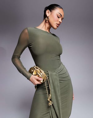 ASOS DESIGN mesh long sleeve slash neck open back maxi dress with sash in khaki