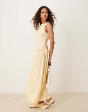 ASOS DESIGN textured maxi dress with dropped waist in buttermilk