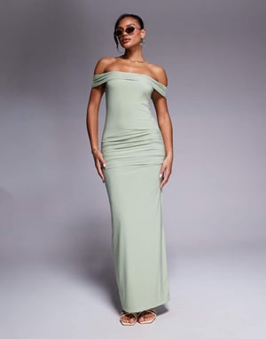 Kaiia exclusive double layered slinky bardot gathered waist detail maxi dress in sage