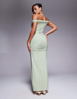 Kaiia exclusive double layered slinky bardot gathered waist detail maxi dress in sage