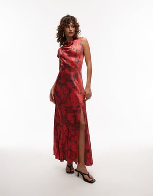 Topshop drape neck maxi dress in red rose