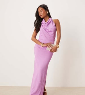 Vila petite textured cowl neck low back maxi dress in violet
