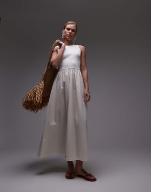 Topshop poplin mix maxi dress in off white
