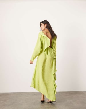 ASOS EDITION asymmetric long sleeve maxi dress with open back in lime green