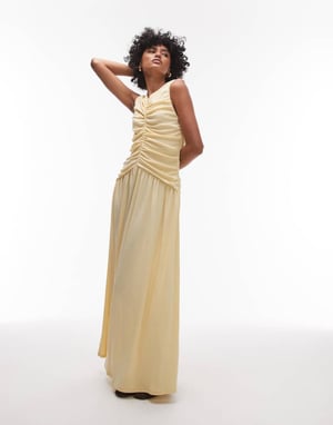 Topshop drop waist ruched maxi dress in buttermilk