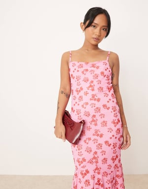 Vila Petite mesh square neck cami maxi dress in pink floral print