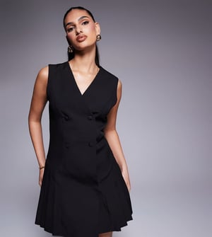 Kaiia exclusive tailored sleeveless button front pleat hem mini dress in black