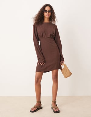ASOS DESIGN linen blend cocoon sleeve mini dress in chocolate