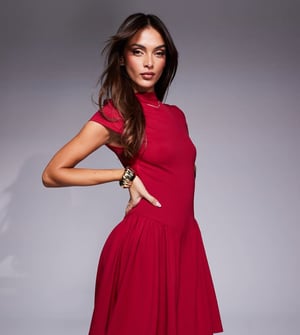 Kaiia exclusive high neck cap sleeve pleated mini dress in red