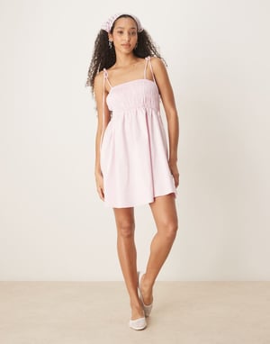 ASOS DESIGN shirred bust cotton poplin mini dress in icy pink