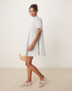Glamorous high neck mini smock dress in white and black stripe