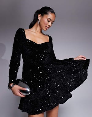 In The Style velvet sequin sweetheart neck mini dress in black