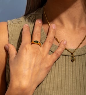 Gold Plated PVD Waterproof Stainless Steel Marquise Green Crystal Rubover Ring