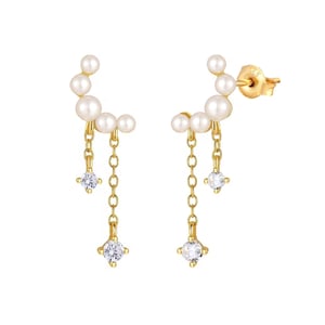 Gold Plated Celestial Pearl CZ Dropper Earrings