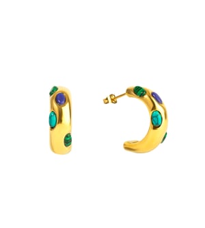 Gold Plated Stainless Steel Studded Malachite And Turquoise Stud Hoop
