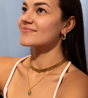 Gold Plated Stainless Steel Studded Malachite And Turquoise Stud Hoop