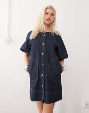 COLLUSION denim shirt dress with puff sleeves in rinse wash