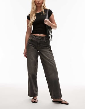Topshop Hourglass Cinch low rise relaxed jean in dark vintage grey